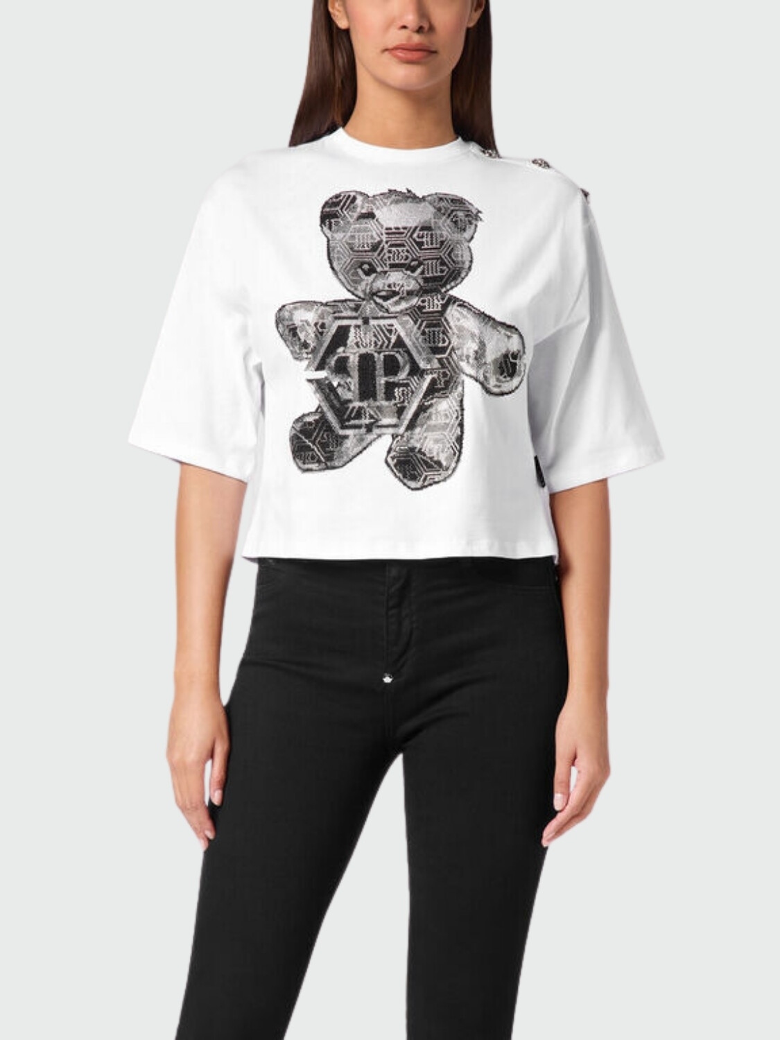 PHILIPP PLEIN - Camiseta corta con strass Oso Teddy Blanco