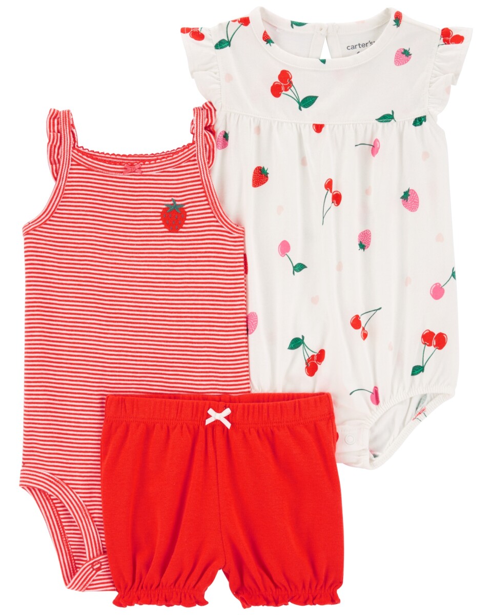 Set tres piezas de algodón, short y dos bodies diseño frutilla 