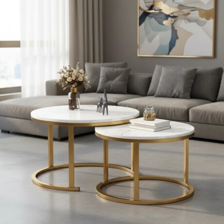 Set De Mesas Ratonas Circulares Nido Simil Marmol Blanco/Dorado