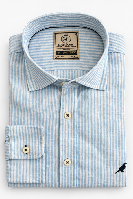 Camisa Lino Short Collar Rayas Celeste Bruma