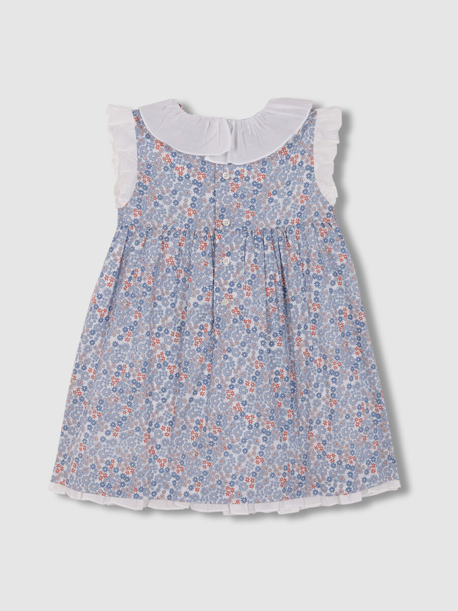 Vestido De Florecitas Con Nido De Abeja Azul Claro