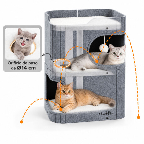 Casa Para Gatos 3 Pisos De Tela Con Cuevas Y Pompón Gris