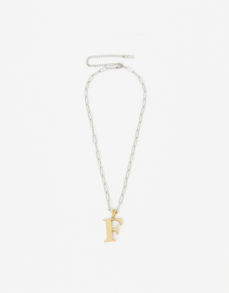 Cadena Corta con Dije Letras Cadena De Acero Inicial Letra "f" - Combinacion Bicolor