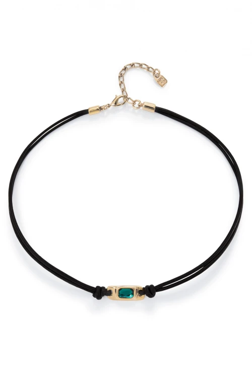 COLLAR DE CUERO BAÑADO EN ORO 18K CON CRISTAL VERDE Colgante