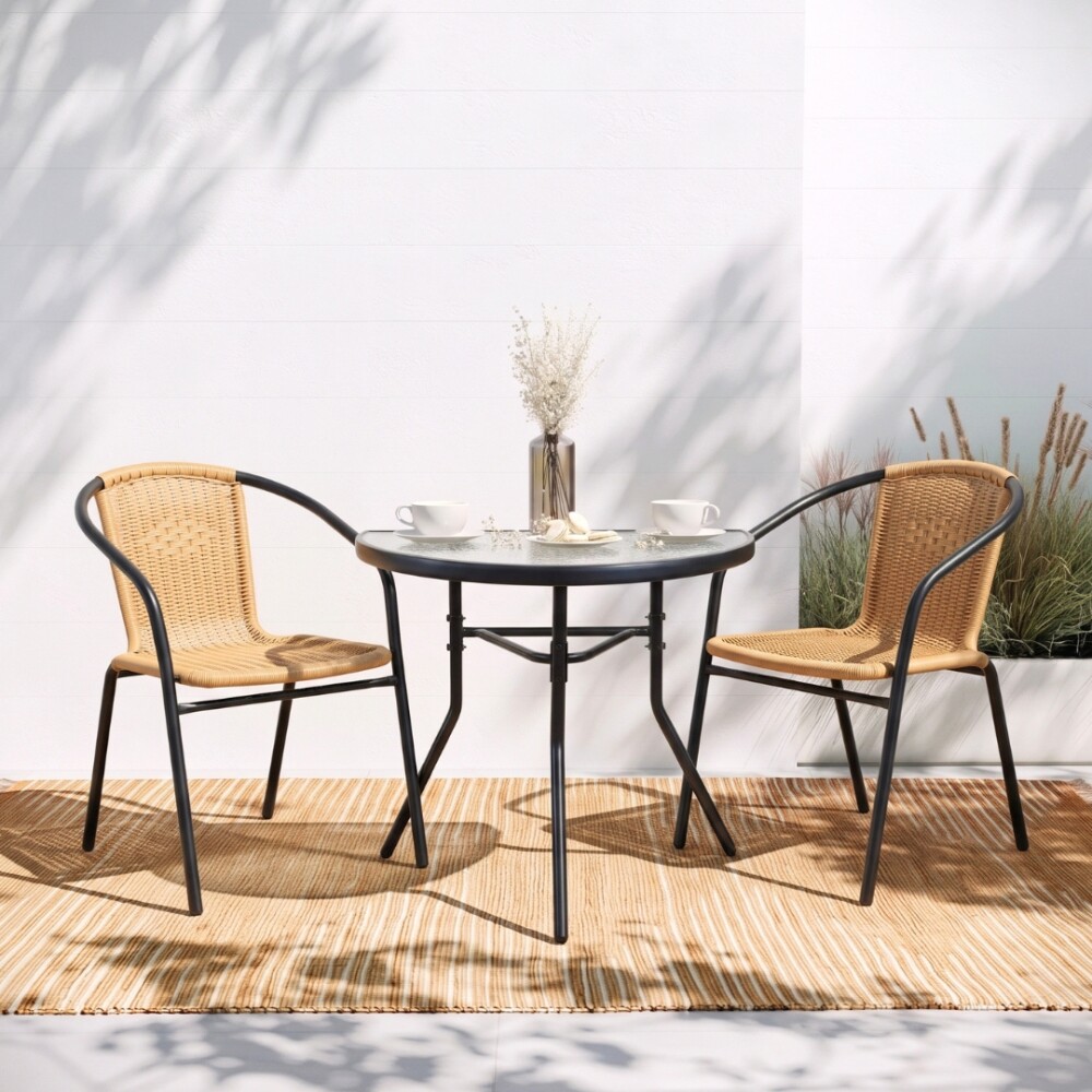 Set De Jardín Mesa De Vidrio + 2 Sillas Símil Rattan Beige
