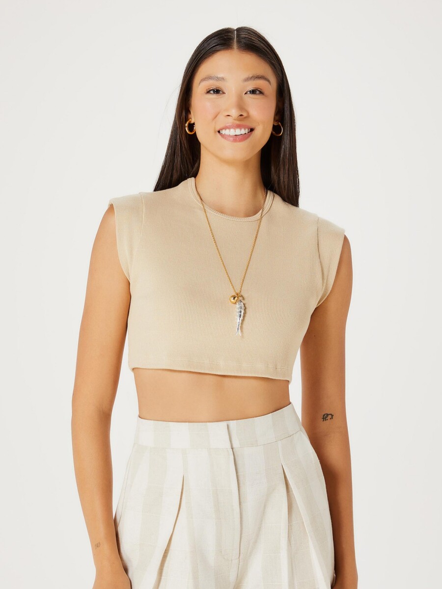 BLUSA CROPPED FEMENINA EN TELA ACANALADA  - BEIGE 