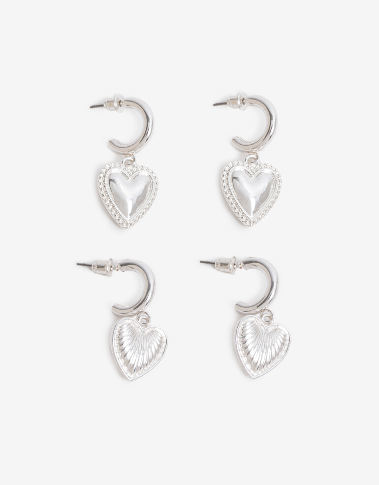 Aros Argollas Set Metal Set Argollas Dije Corazón - Plateado