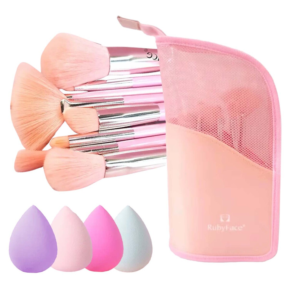 Set Maquillaje 10 Brochas Pinceles con Estuche + Esponjas - Rosa 