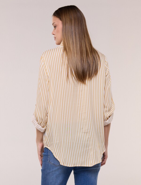 Camisa Clásica Rayada Con Mangas Arremangables MOSTAZA