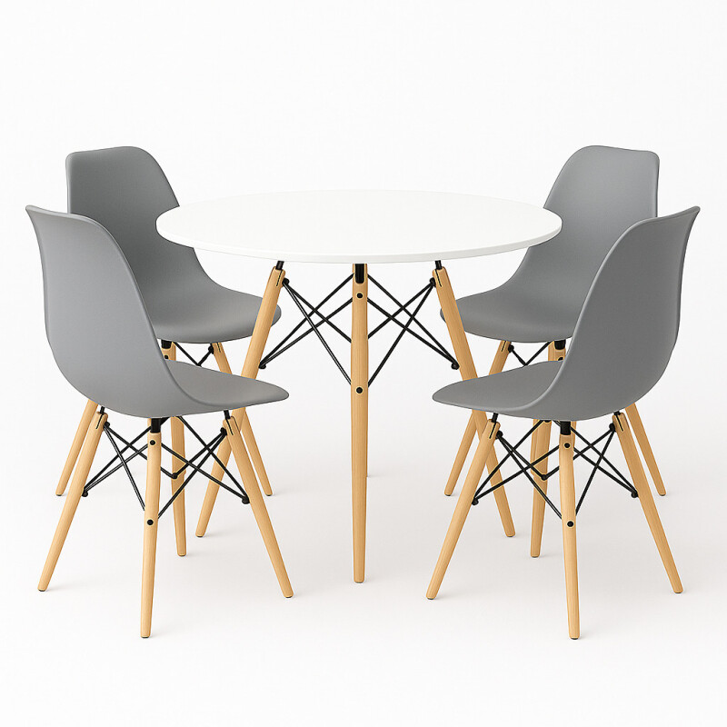Juego de comedor Con Mesa Circular de 80cm + 4 Sillas Eames Gris/Blanco