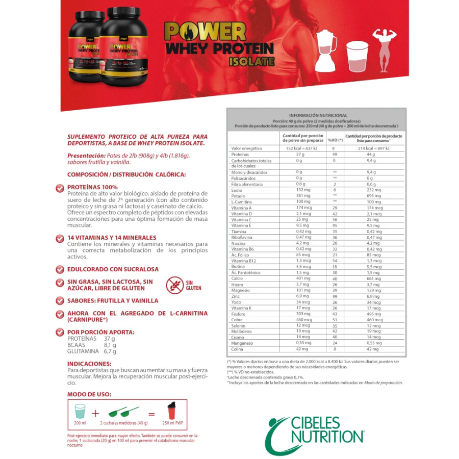 Suplemento Cibeles Nutrition Power Whey Protein Isolate 908gr. Rojo Frutilla