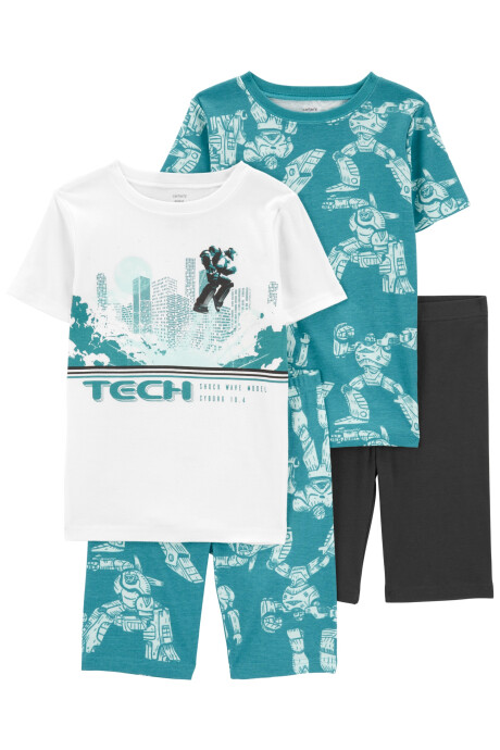 Pijama cuatro piezas de algodón, dos bermudas y dos remeras manga corta diseño robot Sin color