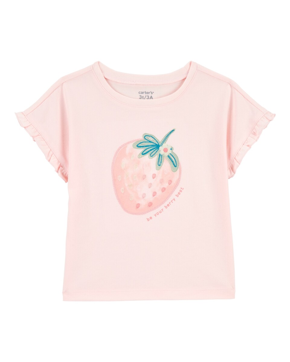 Remera de algodón, mangas con volantes y estampa frutilla 