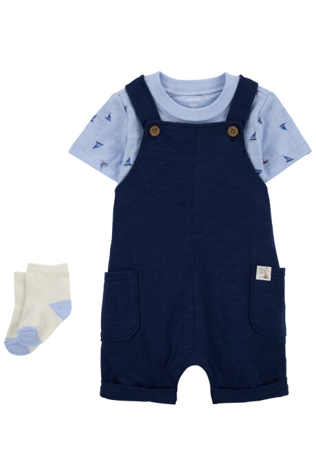 Set tres piezas de algodón, enterito corto, remera y medias azules Set tres piezas de algodón, enterito corto, remera y medias azules
