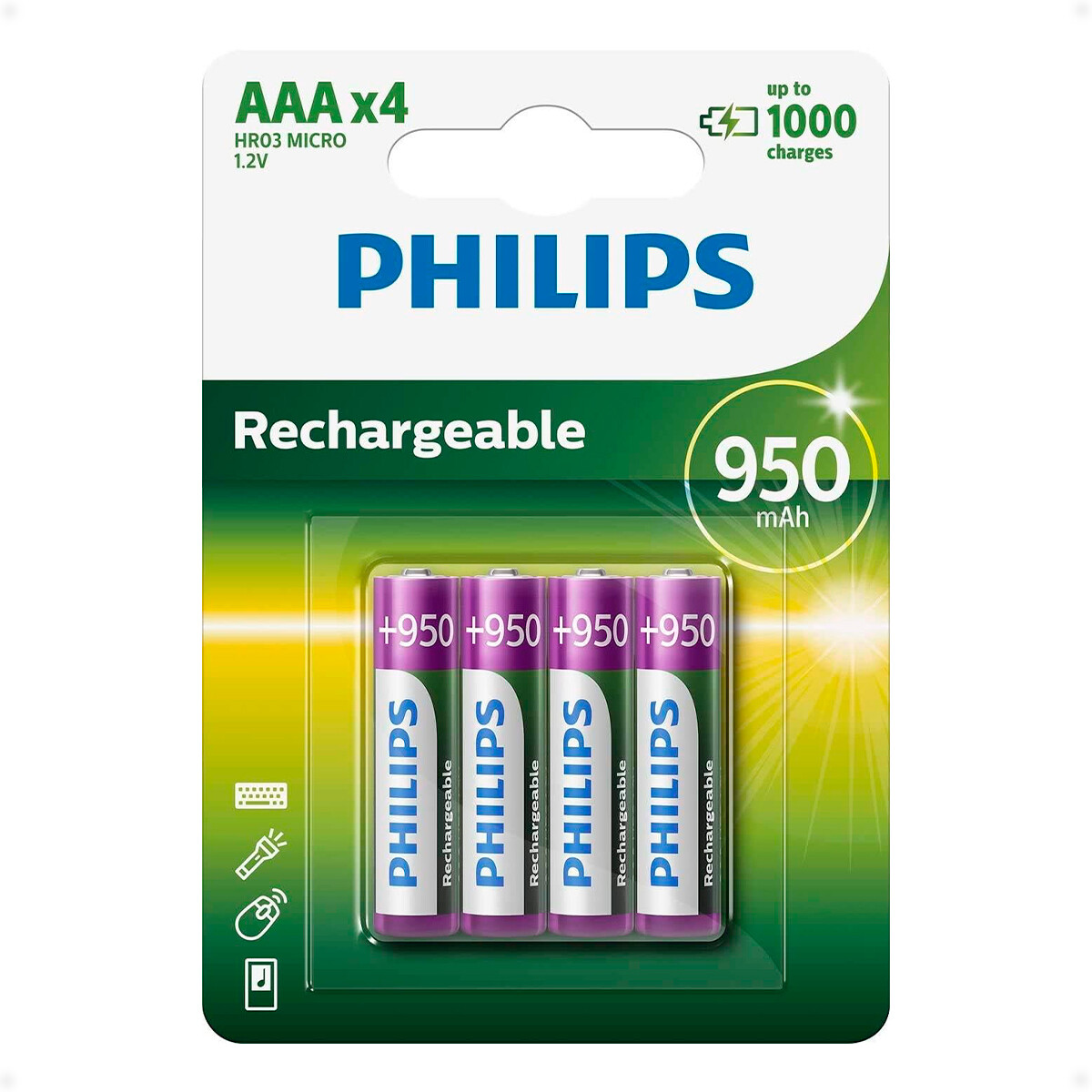 Pilas Recargables AAA de 950 mAh Philips BlÃ­ster Pack de 4 Unidades 
