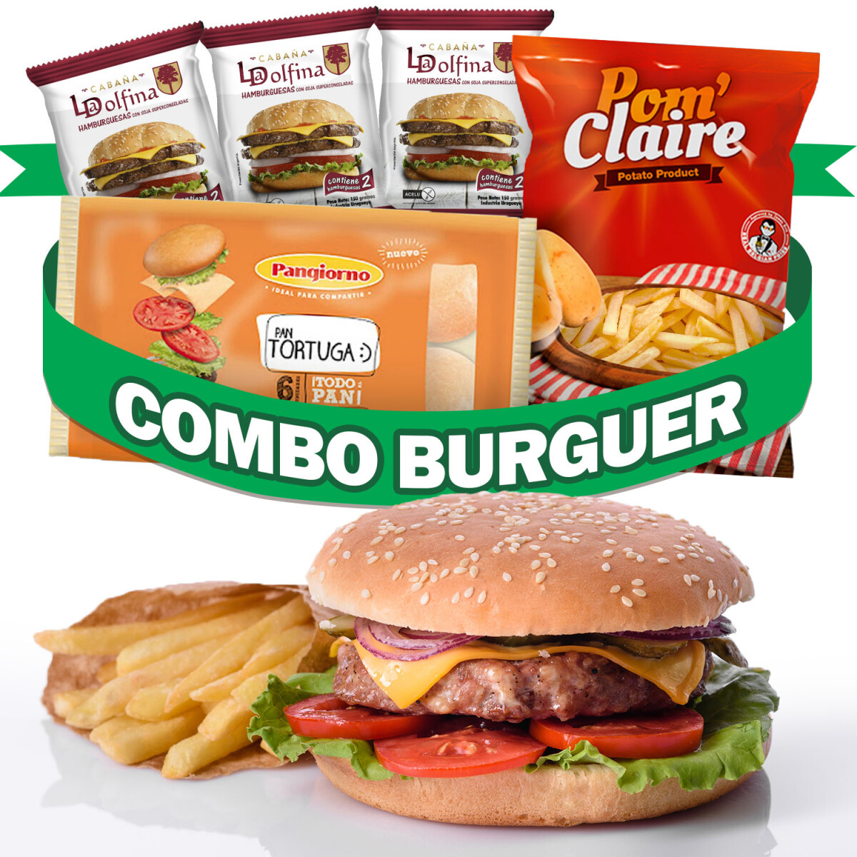 Combo Burguer , x3 Hamburguesas x2ud, Pan tortuga x6ud, Papas Fritas 1kg 