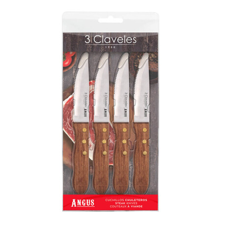 Set X4 Cuchillos p/ Carne Asado en Acero Inox y Mango Madera Marrón