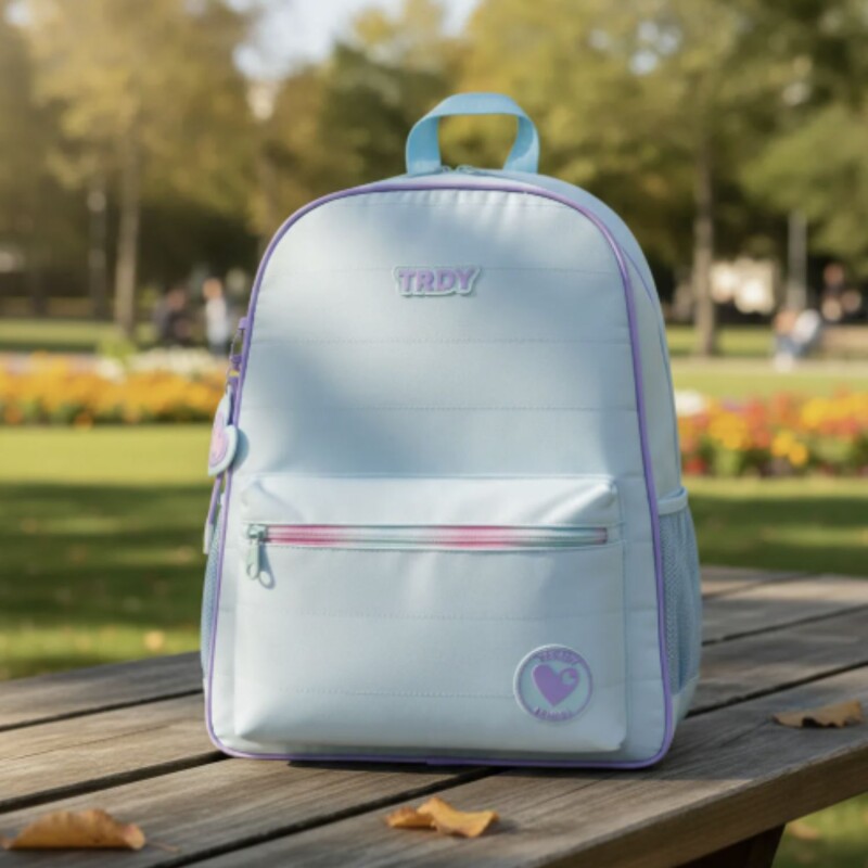 Mochila Trendy Escolar con porta botellas y llavero Celeste