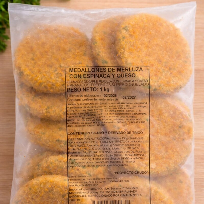 MEDALLON DE MERLUZA CON ESPINACA Y QUESO SOLIMENO 1KG MEDALLON DE MERLUZA CON ESPINACA Y QUESO SOLIMENO 1KG