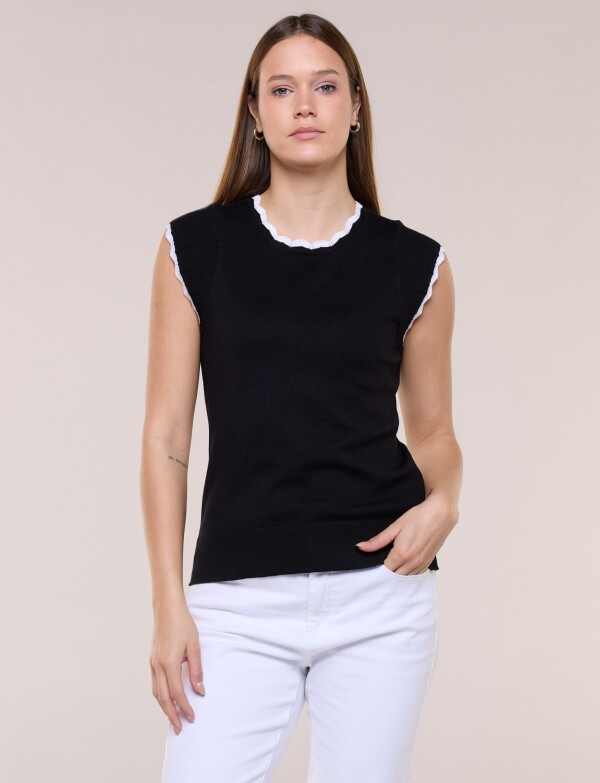 Blusa Tejida Sin Mangas Con Bordes Festoneados NEGRO