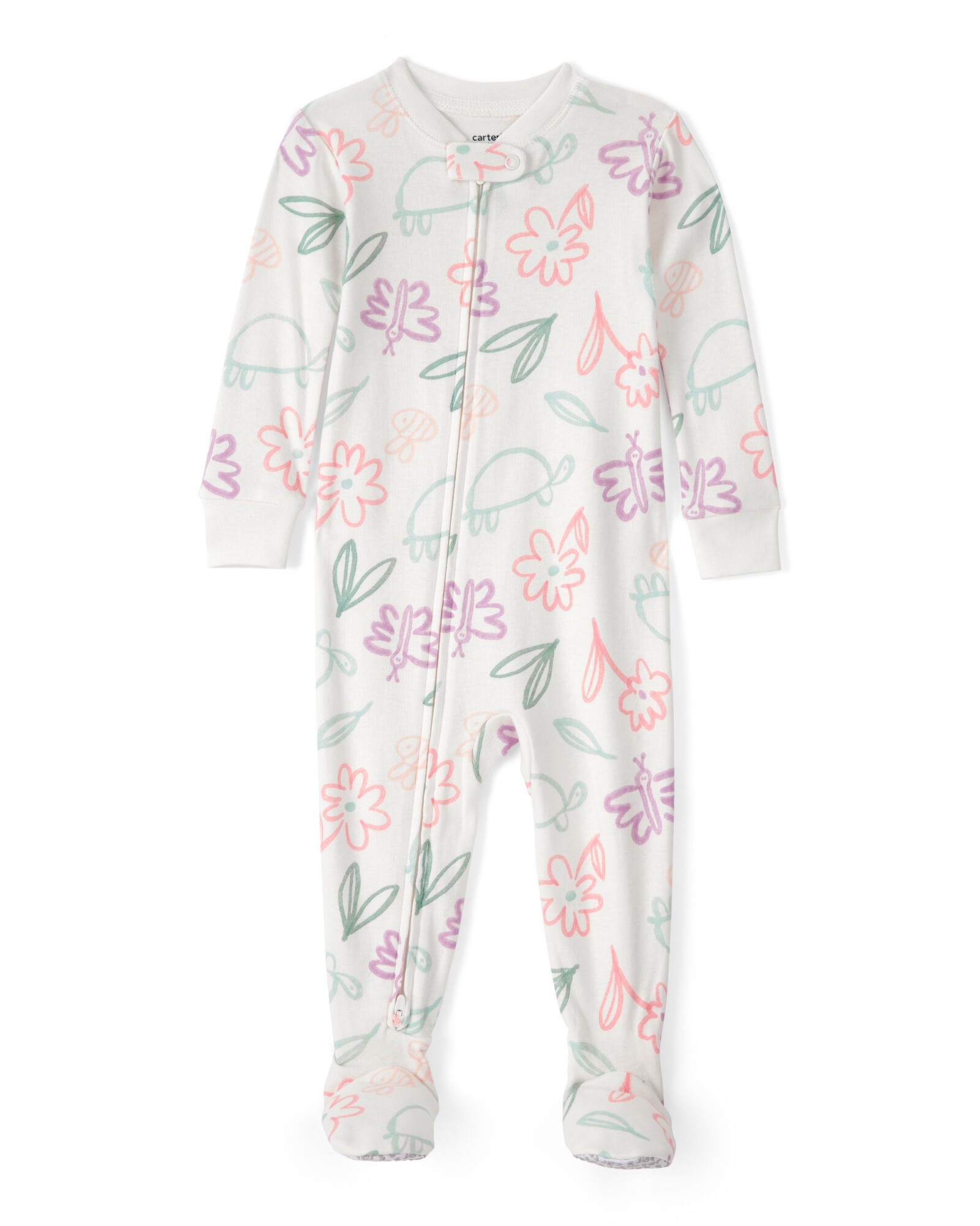 Pijama enterito de algodón con pie, diseño flores, tortugas y mariposas. Talles 12-24M Sin color