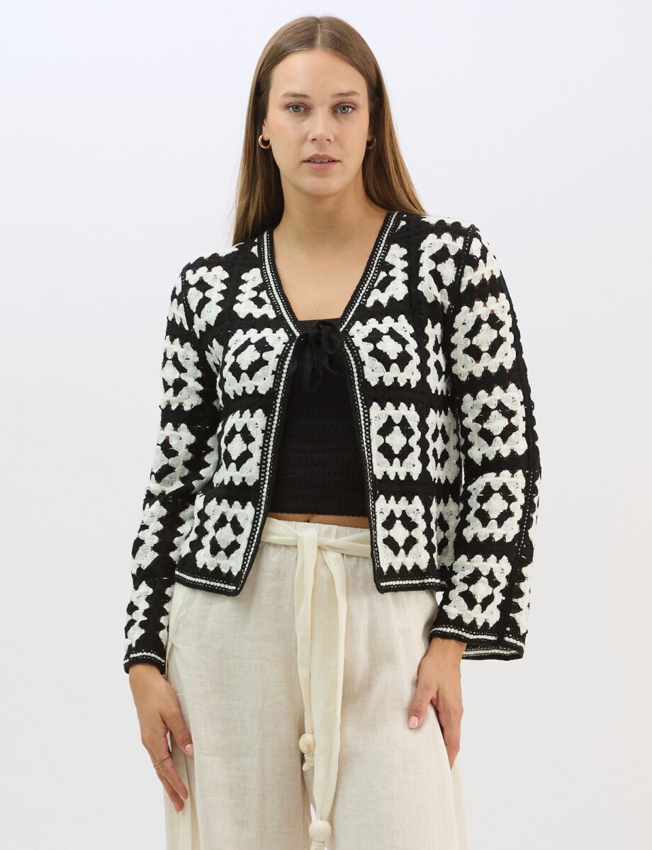 Cardigan Calado Con Lazo - Negro/blanco 