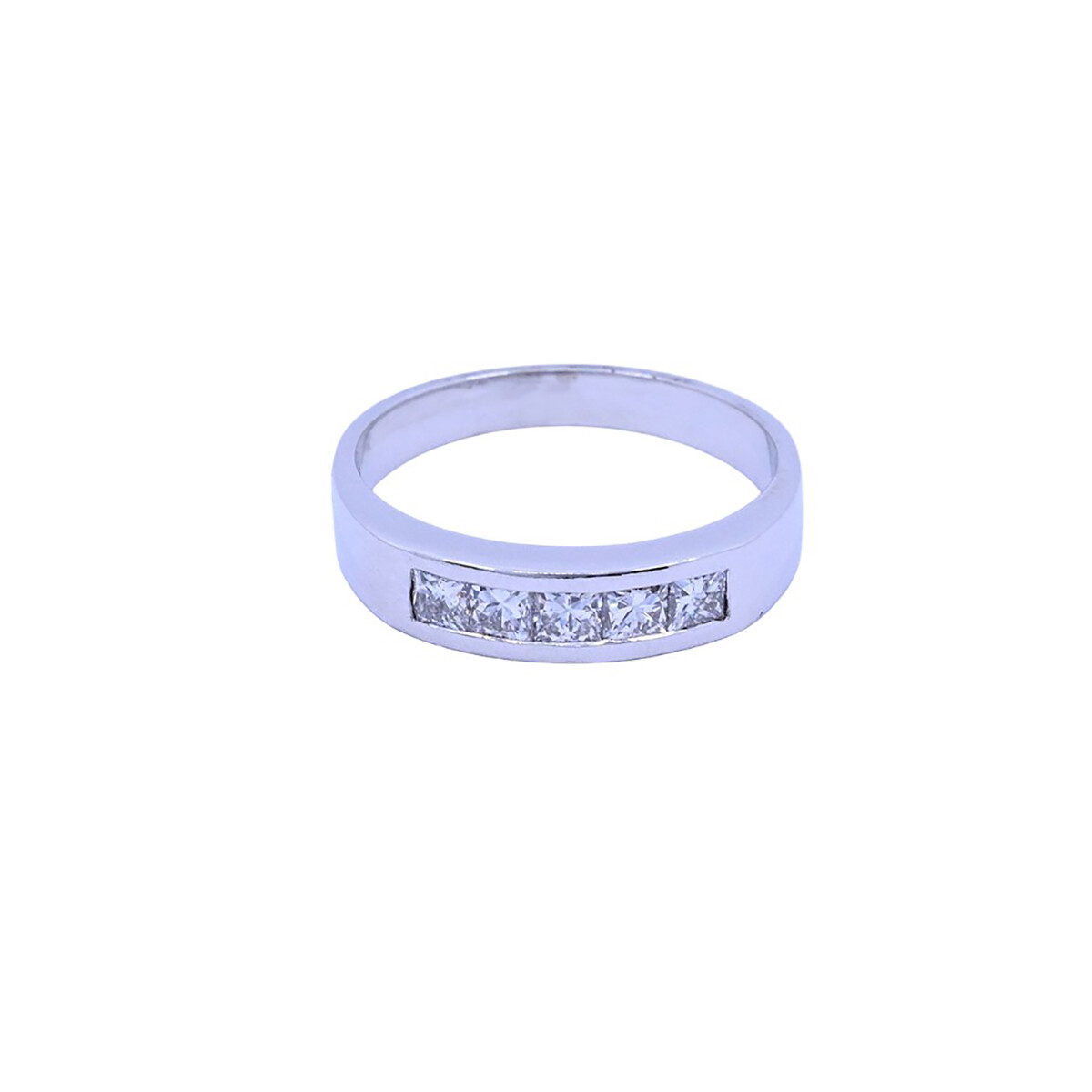 Anillo medio sin fin oro 18k blanco engarce carril y brillantes princesa. 