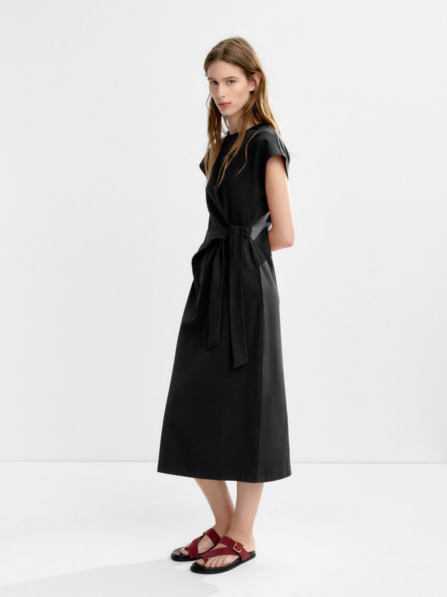 Vestido Drapeado Con Lazo - negro 