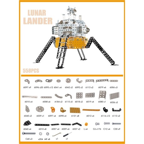 Bloques Construcción en Acero Inox Aterrizaje Lunar 558 Pzas Amarillo