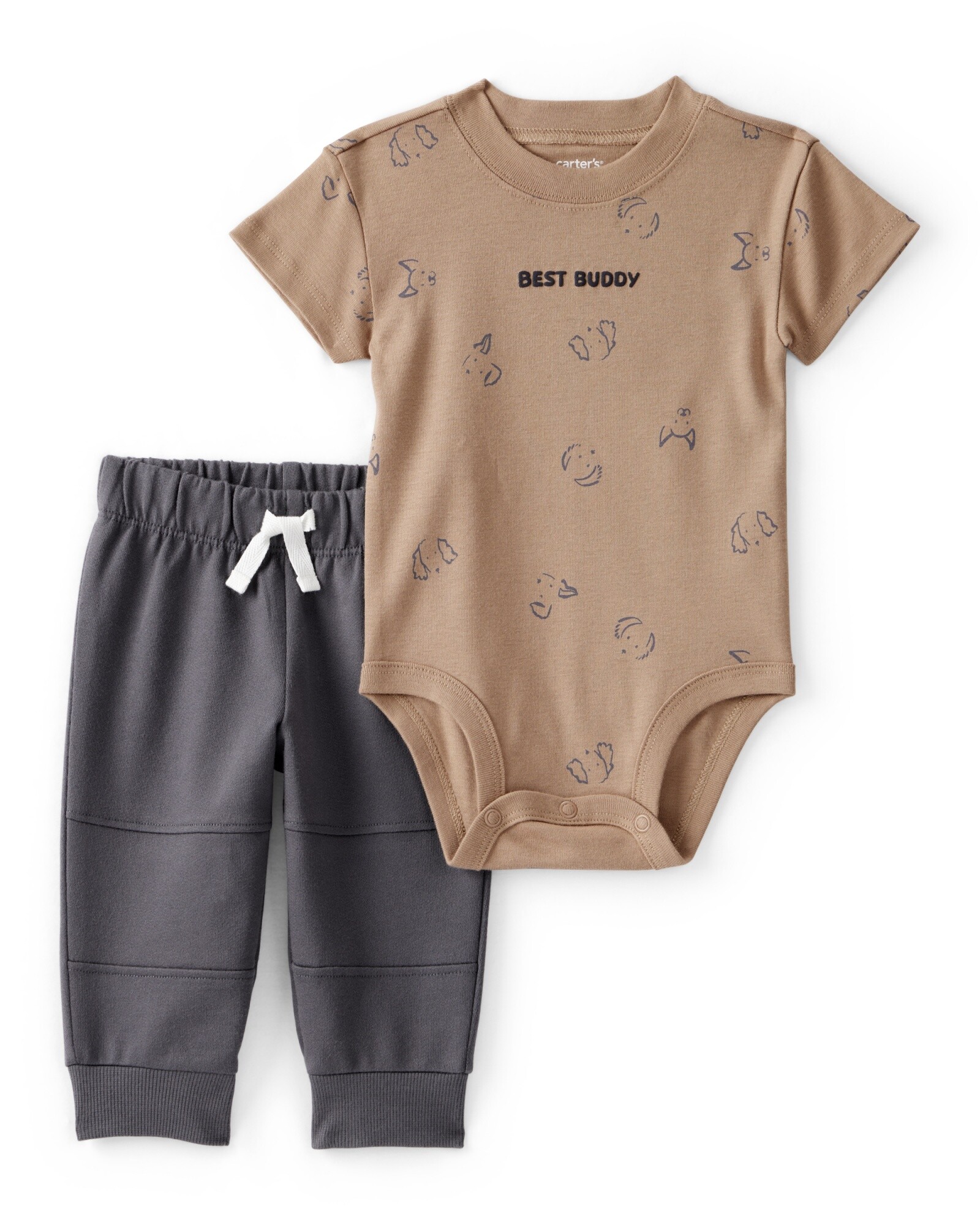 Set dos piezas de algodón, pantalón y body, marrón y gris, diseño perros Sin color