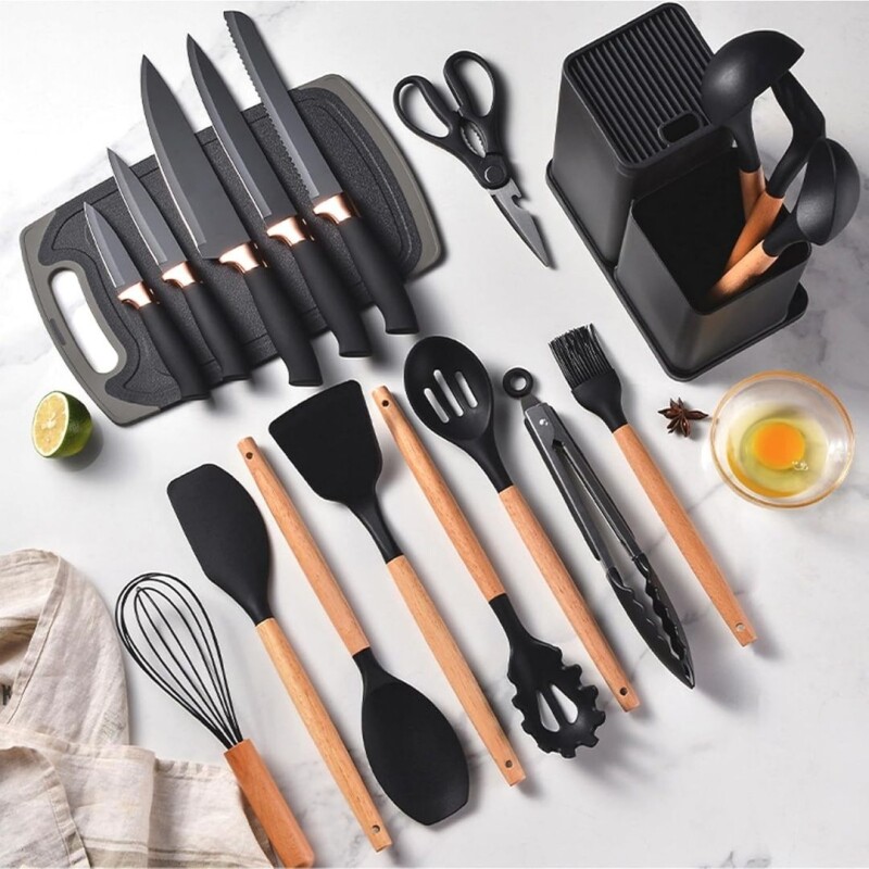 Utensilios Y Cuchillos Cocina Con Soporte Y Tabla Set 19pcs Color Negro Utensilios Y Cuchillos Cocina Con Soporte Y Tabla Set 19pcs Color Negro