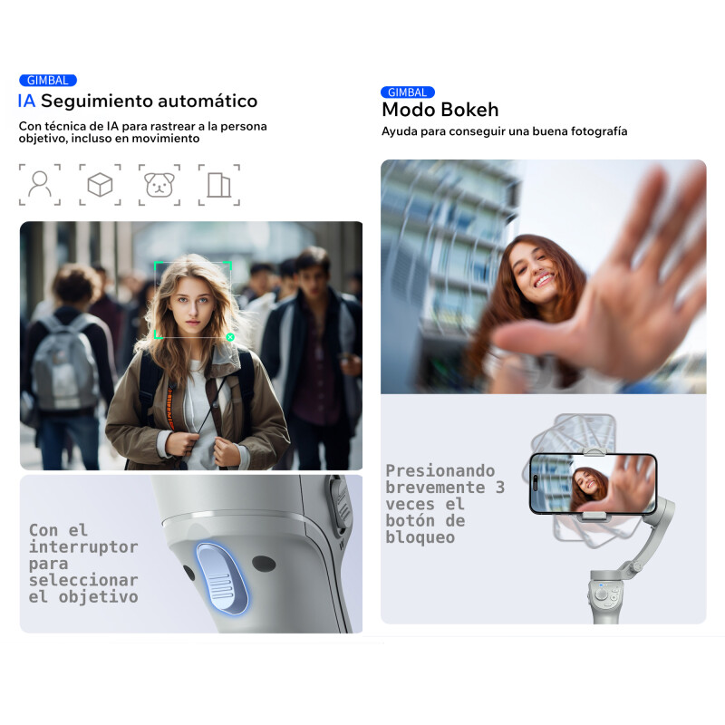 Estabilizador Gimbal 360 IA seguimiento facial automático 3 ejes Sin Color