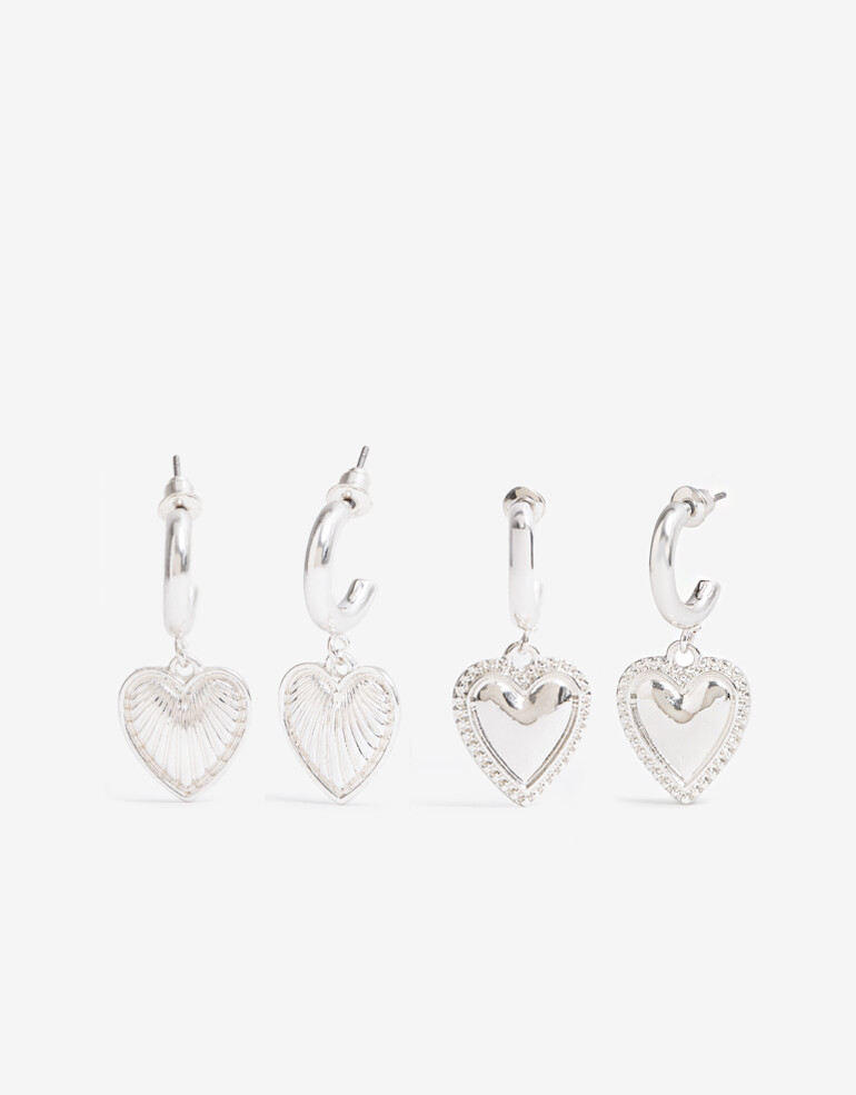 Aros Argollas Set Metal Set Argollas Dije Corazón - Plateado