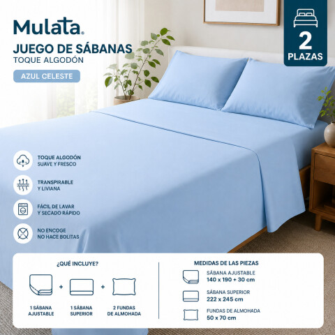 Juego De Sabanas 2 Plazas Toque Algodón Sommier Azul Celeste Juego De Sabanas 2 Plazas Toque Algodón Sommier Azul Celeste