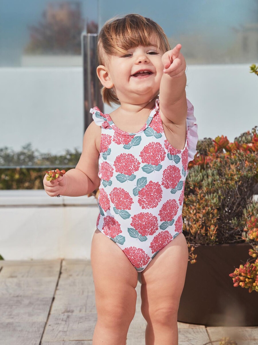 Bañador Estampado Hortensias Blanco