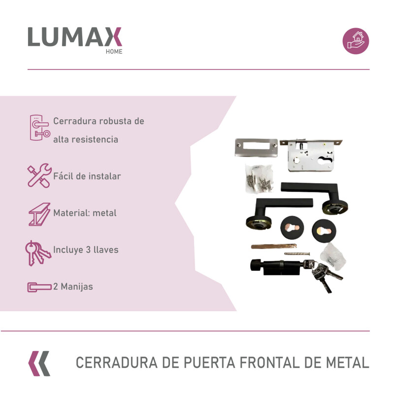 Cerradura Puerta Interior Metal Con 3 Llaves Lumax Negro