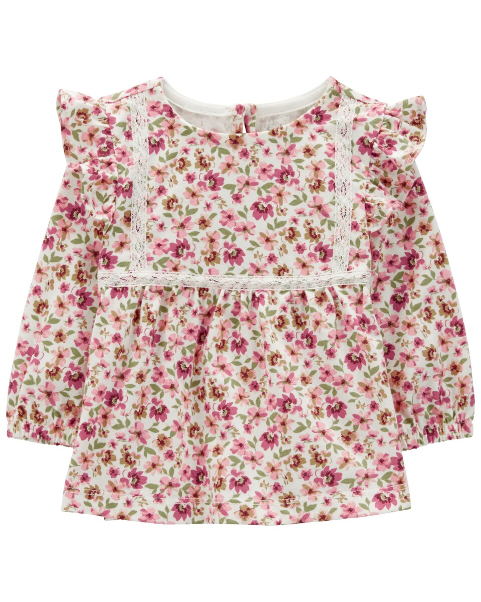 Blusa de algodón, con volado y ribete, diseño floral 