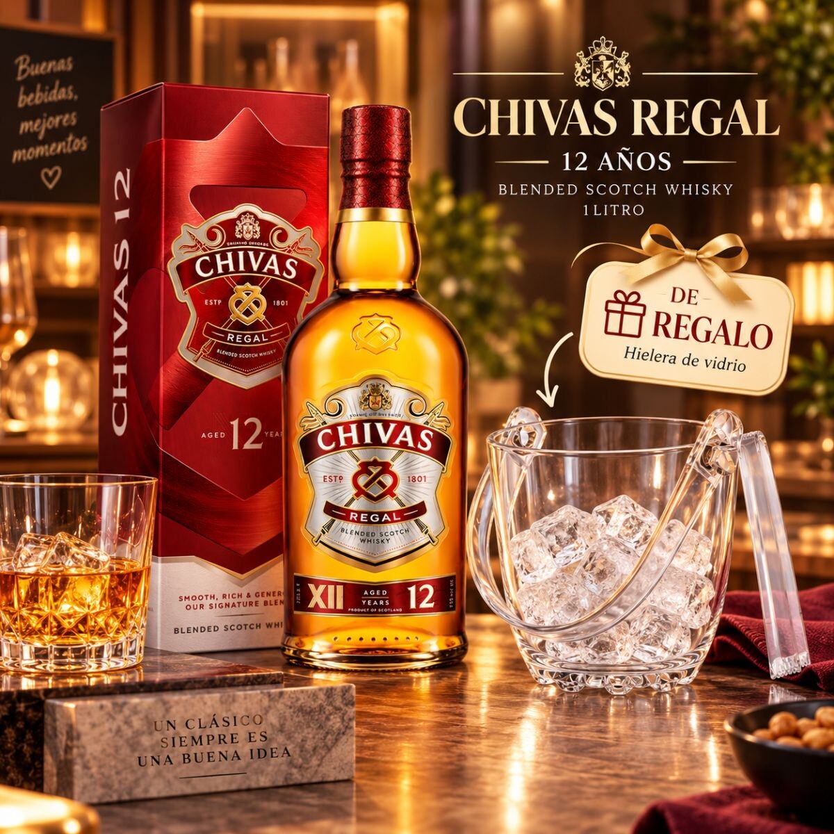 Promo Whisky Chivas Regal 12 años 1lt + Hielera de vidrio de regalo 