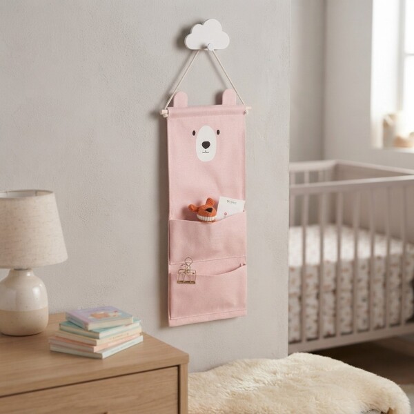 Organizador Colgante Osito Con 3 Bolsillos Para Bebé 60x20cm Rosa 1