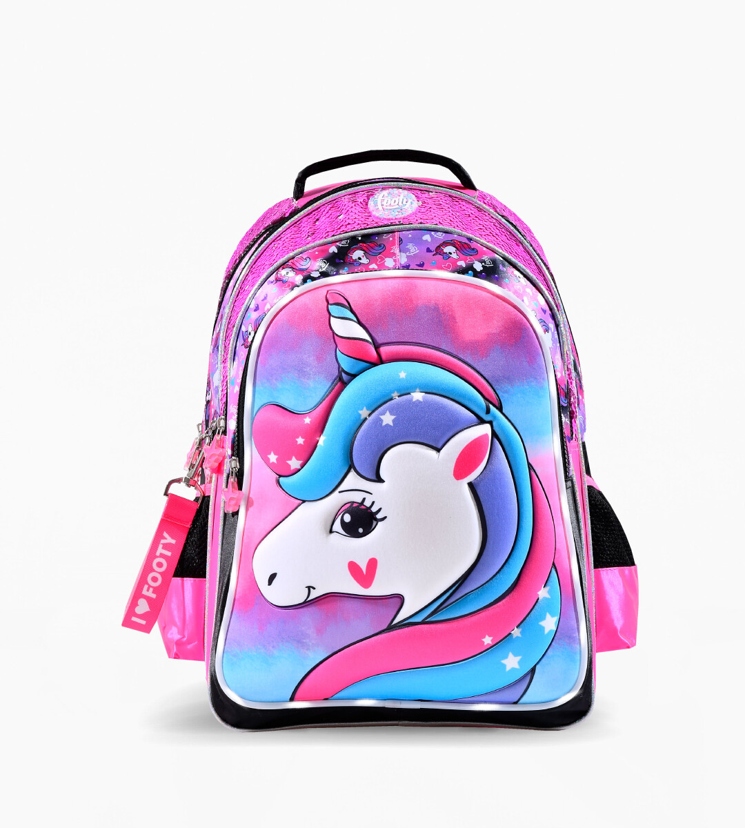 Mochila Footy Unicornio Relieve con Luz Led - Fucsia - Negro 