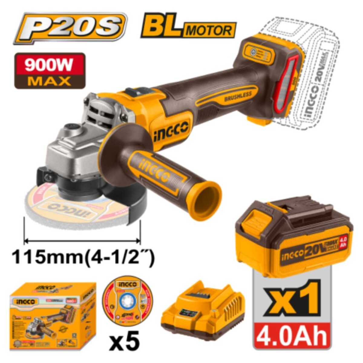 Amoladora Angular INGCO 115MM a Bateria P20S 20V Brushless Con 5 DISCOS - Incluye Bateria y Cargador 