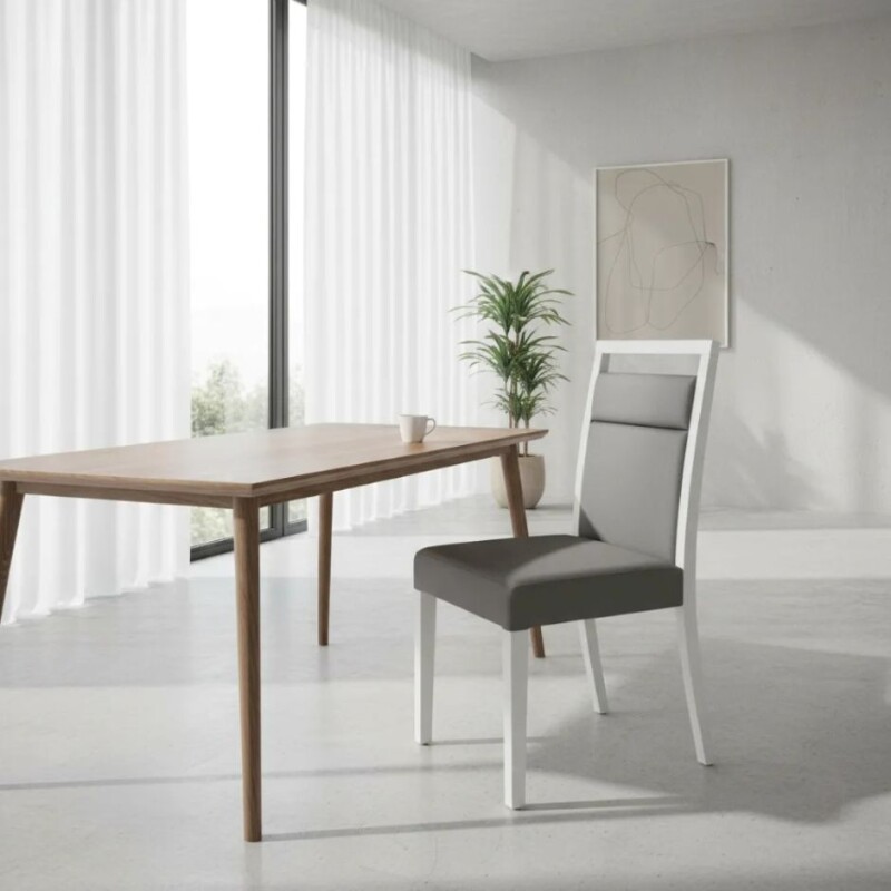 SILLA EN MADERA LACA BLANCA - TAPIZADA TELA GRIS SILLA EN MADERA LACA BLANCA - TAPIZADA TELA GRIS