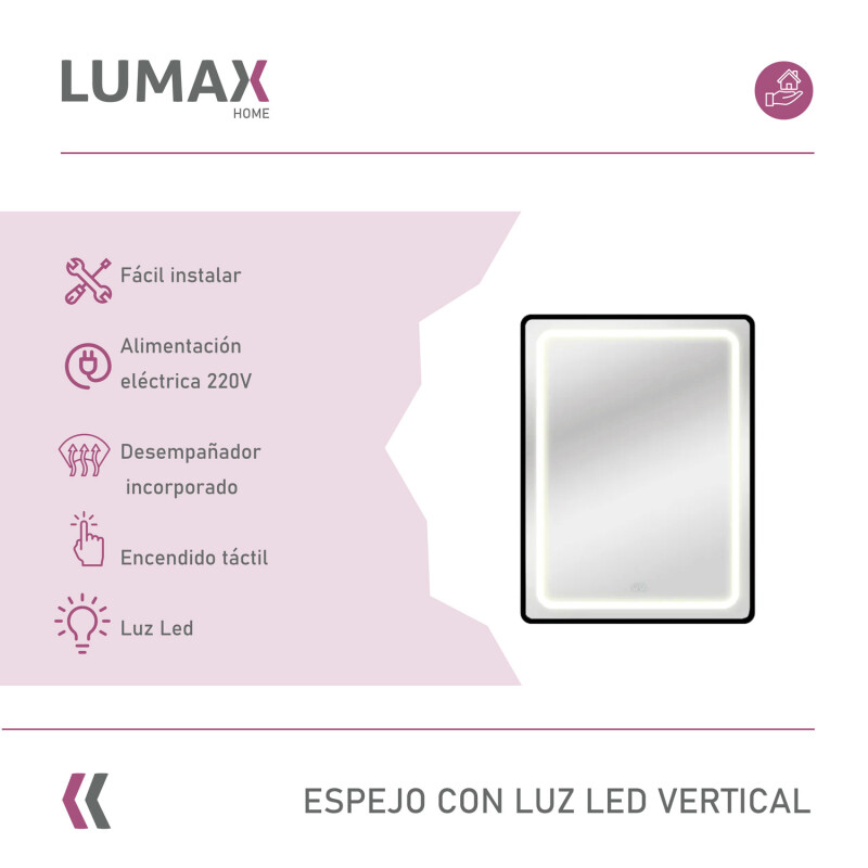Espejo Luz LED Lumax 90x70 cm Vertical Con Desempañador Para Baño Touch Espejo Luz LED Lumax 90x70 cm Vertical Con Desempañador Para Baño Touch