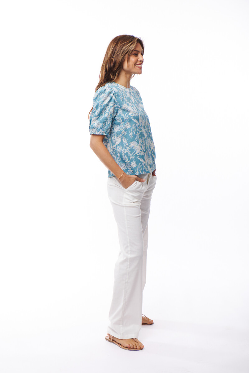 BLUSA CORALINA ESTAMPADO TURQUESA Y BLANCO