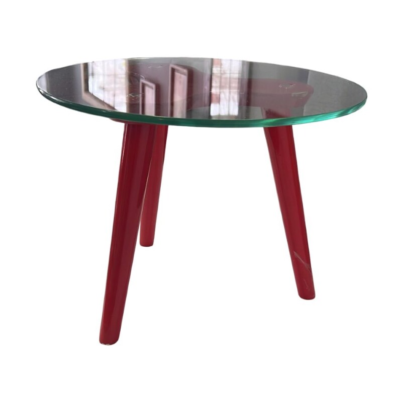Mesa lateral baja roja. Tapa de vidrio - Producto con detalles. Mesa lateral baja roja. Tapa de vidrio - Producto con detalles.