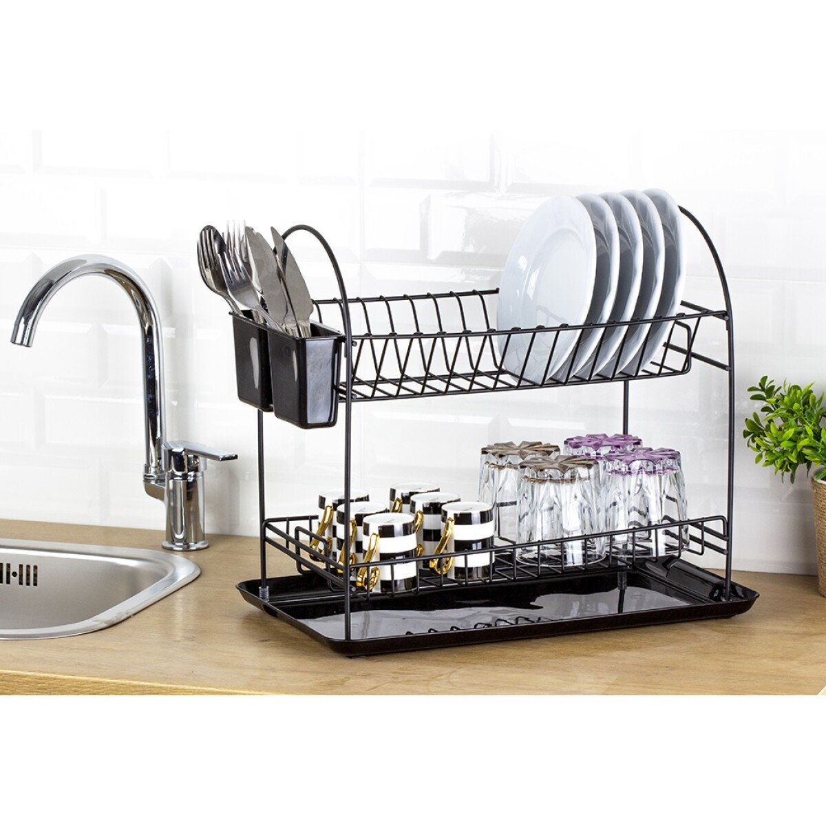Escurridor Doble Cromado con Bandeja 46x28x40 cm Negro 