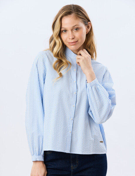 CAMISA RAYADA CON FRUNCES Celeste