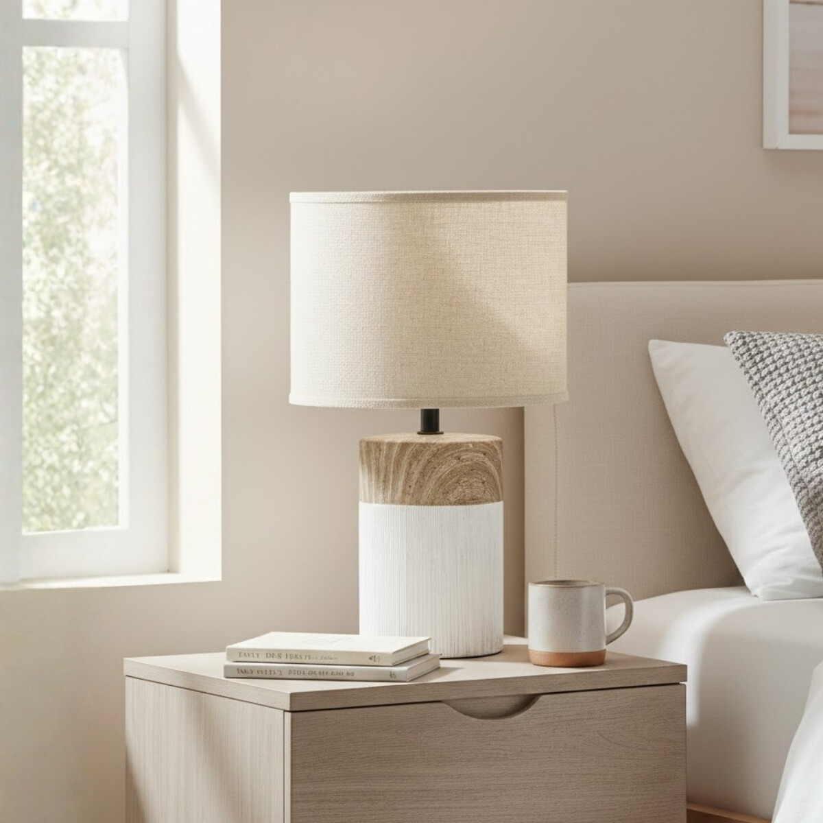 Lámpara de mesa base cerámica simil madera 20x47cm - BLANCO 