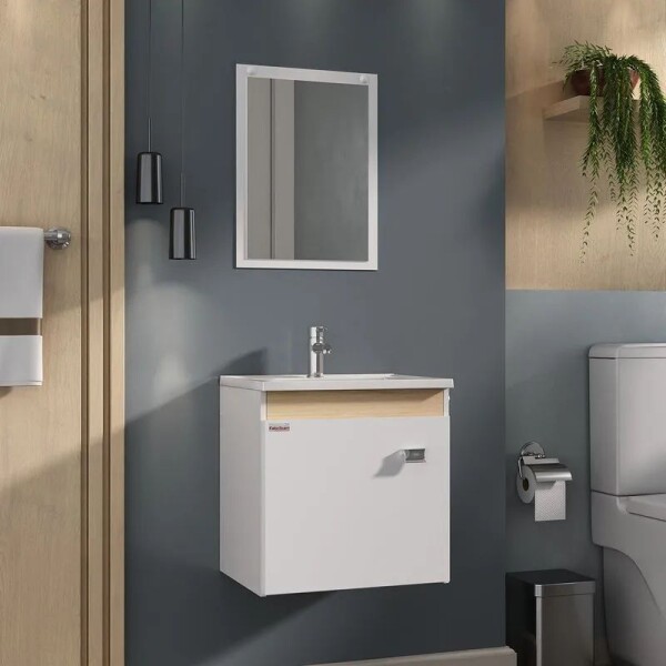MUEBLE BAÑO SUSPENDIDO 40 CM CON MESADA Y ESPEJO - BLANCO/CARVALHO MUEBLE BAÑO SUSPENDIDO 40 CM CON MESADA Y ESPEJO - BLANCO/CARVALHO