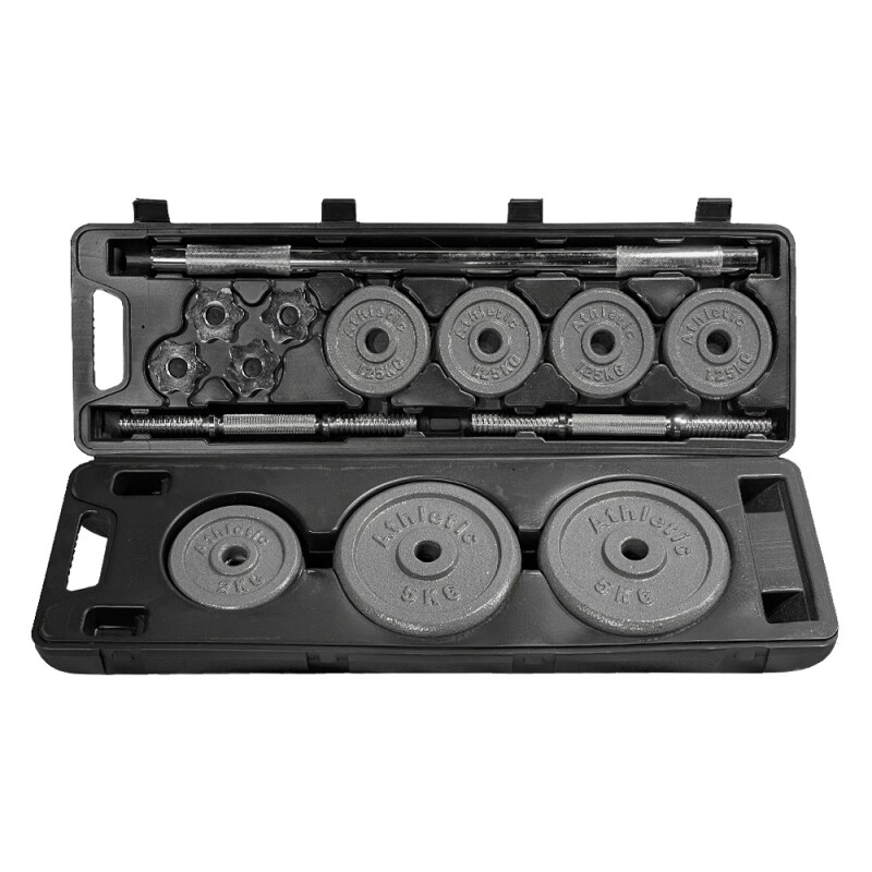 Set De Mancuernas Y Barra Gris Con Valija Athletic 30Kg Negro